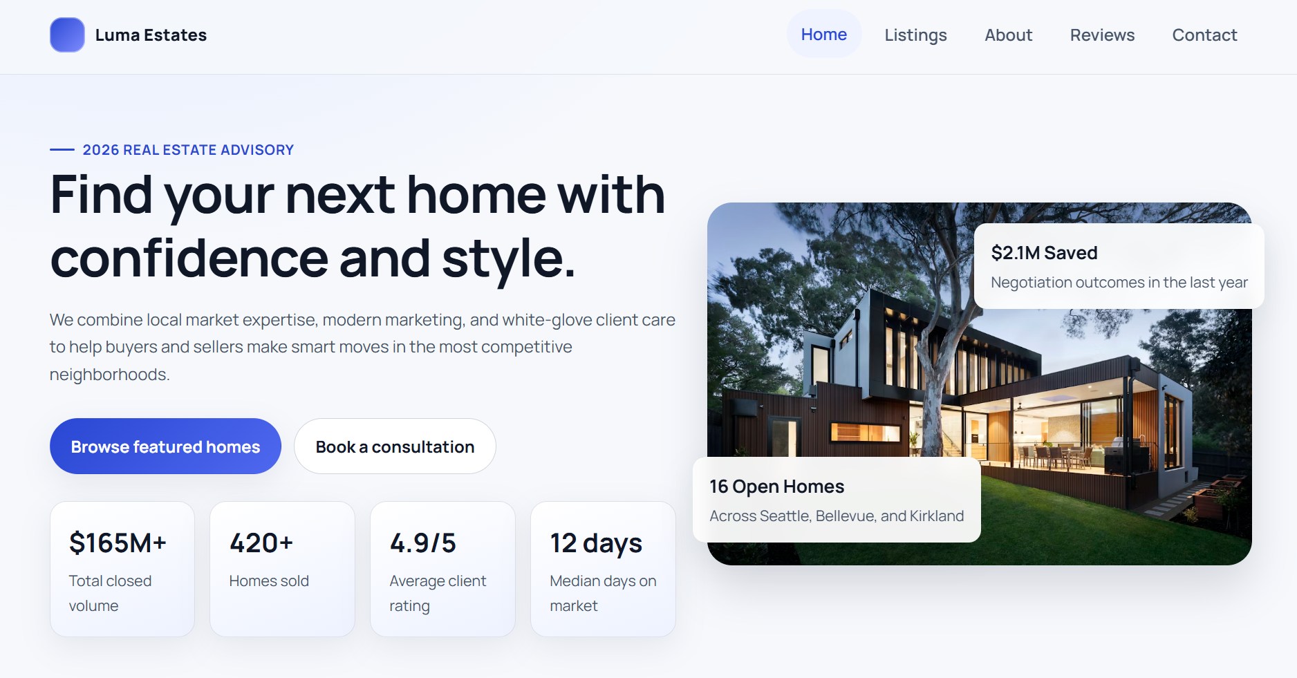 Screenshot of Luma Estates real estate website homepage
