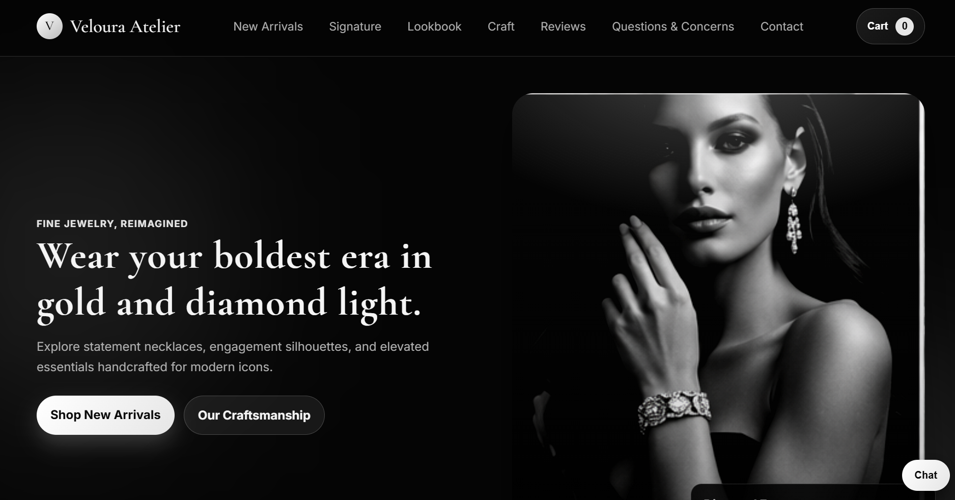 Screenshot of Veloura Atelier jewelry brand website